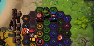 Tre färgglada spelkaraktärer står på ett hexagonalt spelbräde med juveler och poängsymboler mot en grön och gul bakgrund.