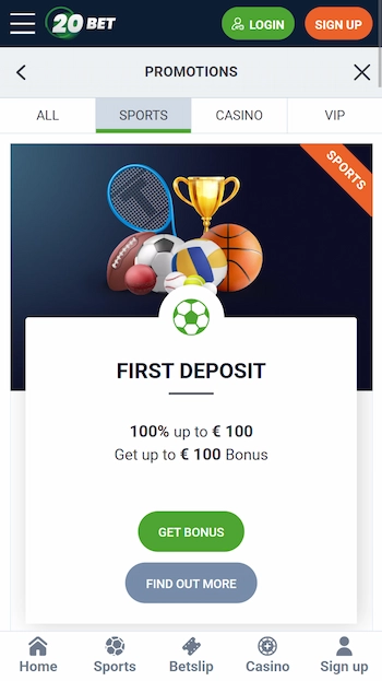 20Bet välkomstbonus för odds