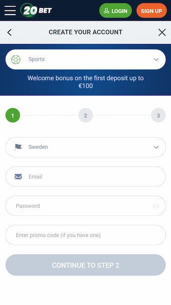 20Bet registreringsformulär