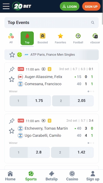 20Bet sportsbook med populära odds