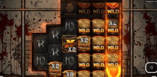 Slotspel med blodig fängelsetema och symboler som WILD, multiplikatorer och Sticky Wilds.