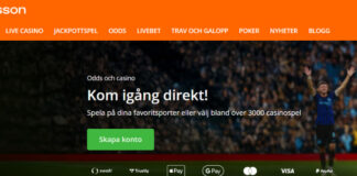 Betssons webbplats med erbjudande om sportbetting och casino, publik på fotbollsarena i bakgrunden.