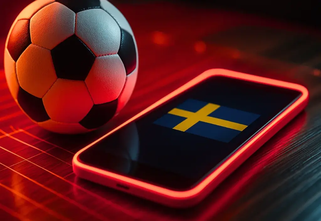 Fotboll och svensk flagga på mobilen för att visa betting på nätet i Sverige