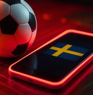 Fotboll och svensk flagga på mobilen för att visa betting på nätet i Sverige