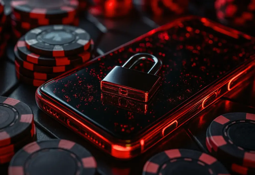 Hänglås på mobil brevid spelmarker för casino utan BankID