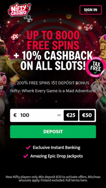 Nifty Casino hemsida på mobil