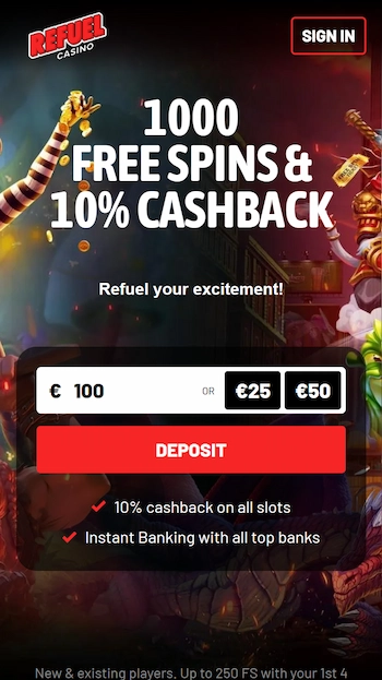 Refuel Casino hemsida från mobilen