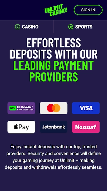 Unlimit Casino betalningsmetoder