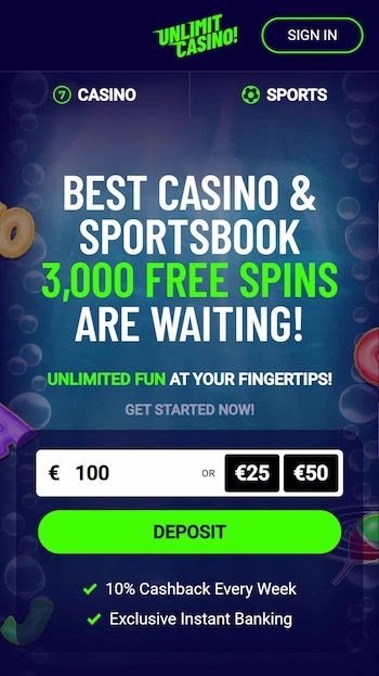 Unlimit Casino hemsida från mobilen