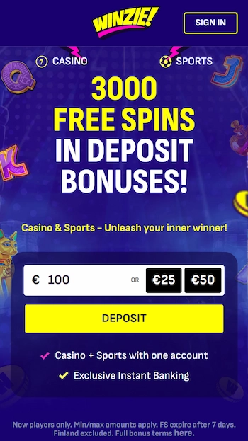 Winzie Casino hemsida från mobil