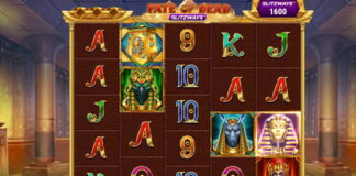 Slotspel med egyptiskt tema, spelplan med symboler som Horus, farao, Anubis och bokstäver i olika färger