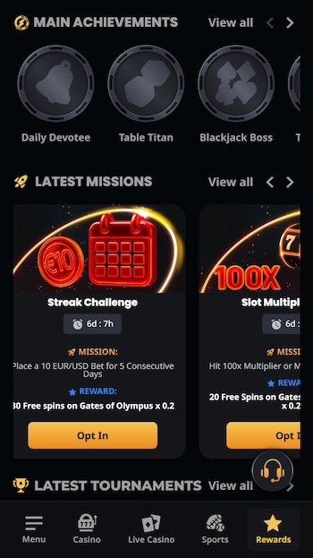 Instant Casino uppdrag och achievements