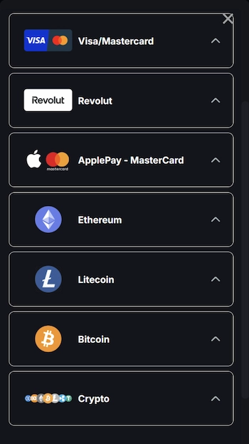 Instant Sports betalningsmetoder med fiat och krypto