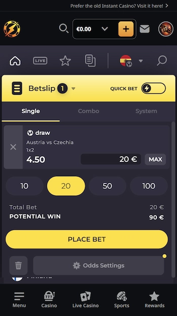 Instant Sports quick bet funktion