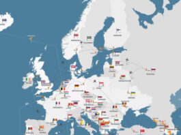 Karta över Europa med nationsflaggor och symboler som visar spel- och reseaktiviteter i olika länder.