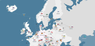 Karta över Europa med nationsflaggor och symboler som visar spel- och reseaktiviteter i olika länder.