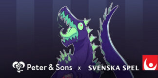 Drake-illustration i tecknad stil med Peter & Sons- och Svenska Spel-logotyper i nederkant mot mörk bakgrund.