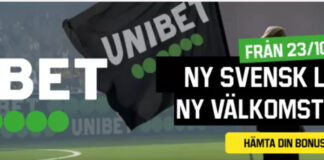 Unibet flagga på fotbollsarena med text om ny svensk licens och välkomstbonus från 23 oktober.