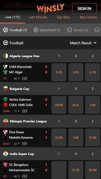 Winsly Casino sportsbook med odds