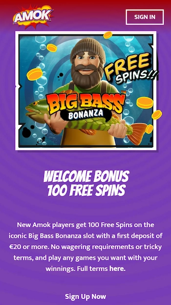 Amok Casino free spins välkomstbonus på Big Bass Bonanza