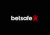 Betsafe-logotyp med vit text och röd symbol på svart bakgrund.