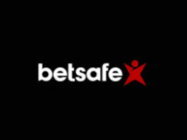Betsafe-logotyp med vit text och röd symbol på svart bakgrund.