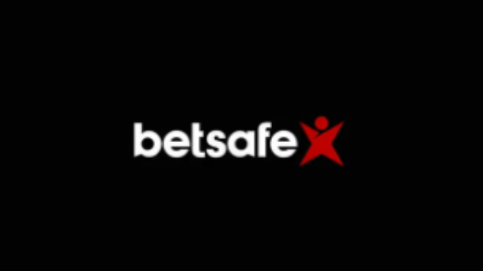 Betsafe-logotyp med vit text och röd symbol på svart bakgrund.