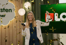 Stockholmsbo vann 26 miljoner i Drömvinsten Leende kvinna firar vinst med konfetti framför Lotto-logotyp och skylten ”Drömvinsten”.