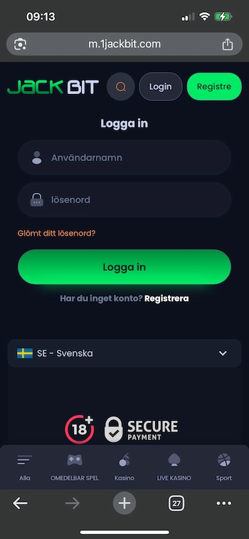Jackbit login skärm