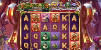 Spelskärm från slotten Jingle Bells Bonanza 2 med juliga symboler som björnar, snögubbar och bokstäver.