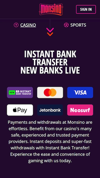 Monsino casino betalningsmetoder