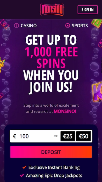Monsino casino startsida med direkt insättning