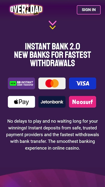 Overload Casino betalningsmetoder med instant banking