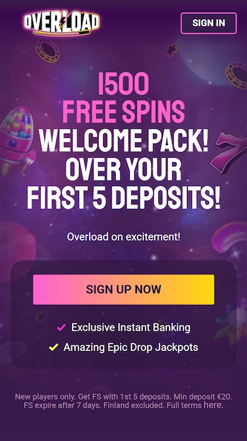 Overload Casino bonus på startsidan