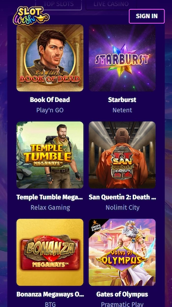 Slot Wish spelautmater, med bland annat Book of Dead och Starburst
