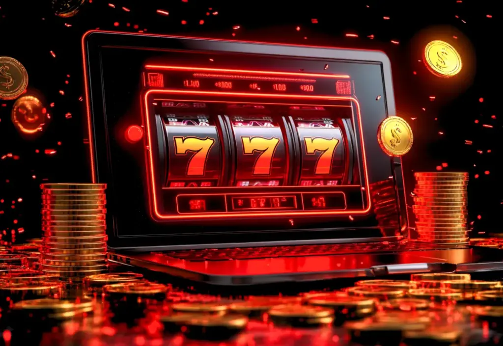 Slotmaskin på laptop och flygande mynt som symbol för Trustly casino