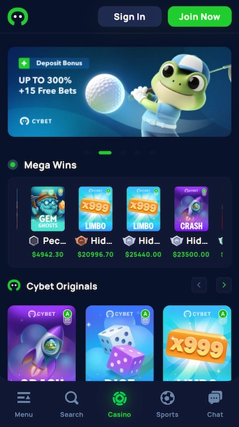 Cybet startsida med storvinster och exklusiva spel