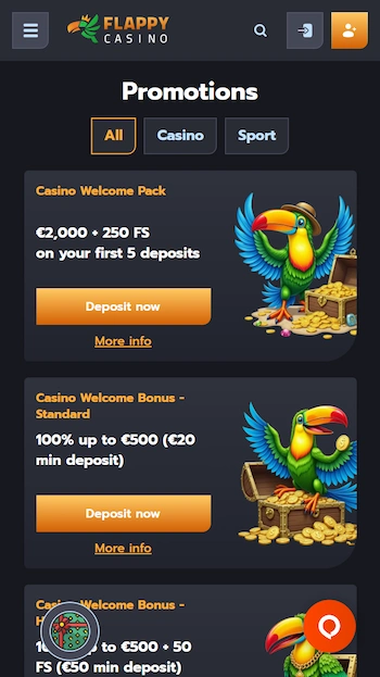 Bild som visar en del av de olika erbjudanden som finns hos Flappy Casino