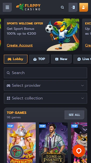 En annan bild på spellobbyn hos Flappy Casino