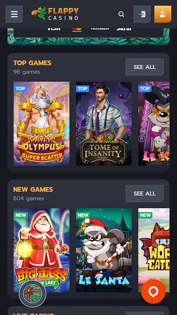 Bild på spellobbyn hos Flappy Casino