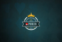 Logotyp för Svenska Mästerskapen i Poker 2025 med krona och mörk bakgrund med kortsymboler.