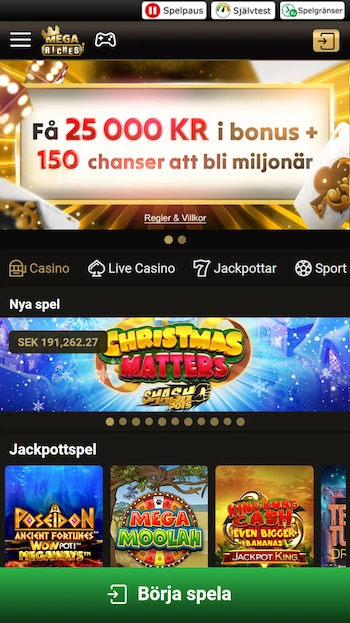 Mega Riches bonus på startsidan