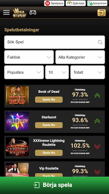 Mega Riches utbetalningar och RTP på casinospel