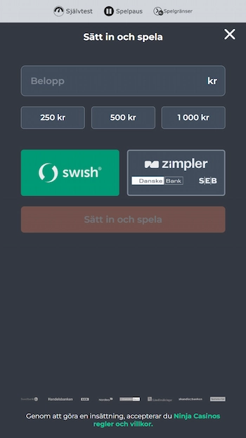 Ninja Casino insättning med Zimpler eller Swish
