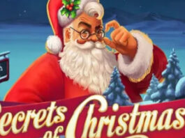 5 underhållande julslots att testa i december Illustration av jultomten framför texten Secrets of Christmas i vintrig miljö