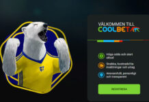 Illustrerad isbjörn i svensk tröja bredvid Coolbet-panel med information och registreringsknapp