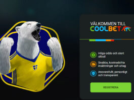 Spelinspektionen granskar Coolbets bonuspresentation Illustrerad isbjörn i svensk tröja bredvid Coolbet-panel med information och registreringsknapp