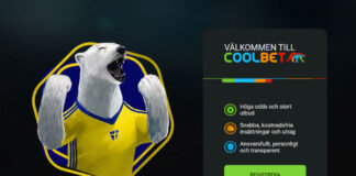 Illustrerad isbjörn i svensk tröja bredvid Coolbet-panel med information och registreringsknapp