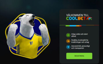 Illustrerad isbjörn i svensk tröja bredvid Coolbet-panel med information och registreringsknapp