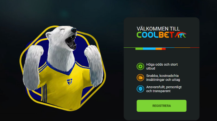 spelinspektionen-granskar-coolbet Illustrerad isbjörn i svensk tröja bredvid Coolbet-panel med information och registreringsknapp